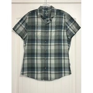 KUHL Women Sm Gray Plaid Short Sleeve Snap Hiking Shirt Distressed Granola Girl